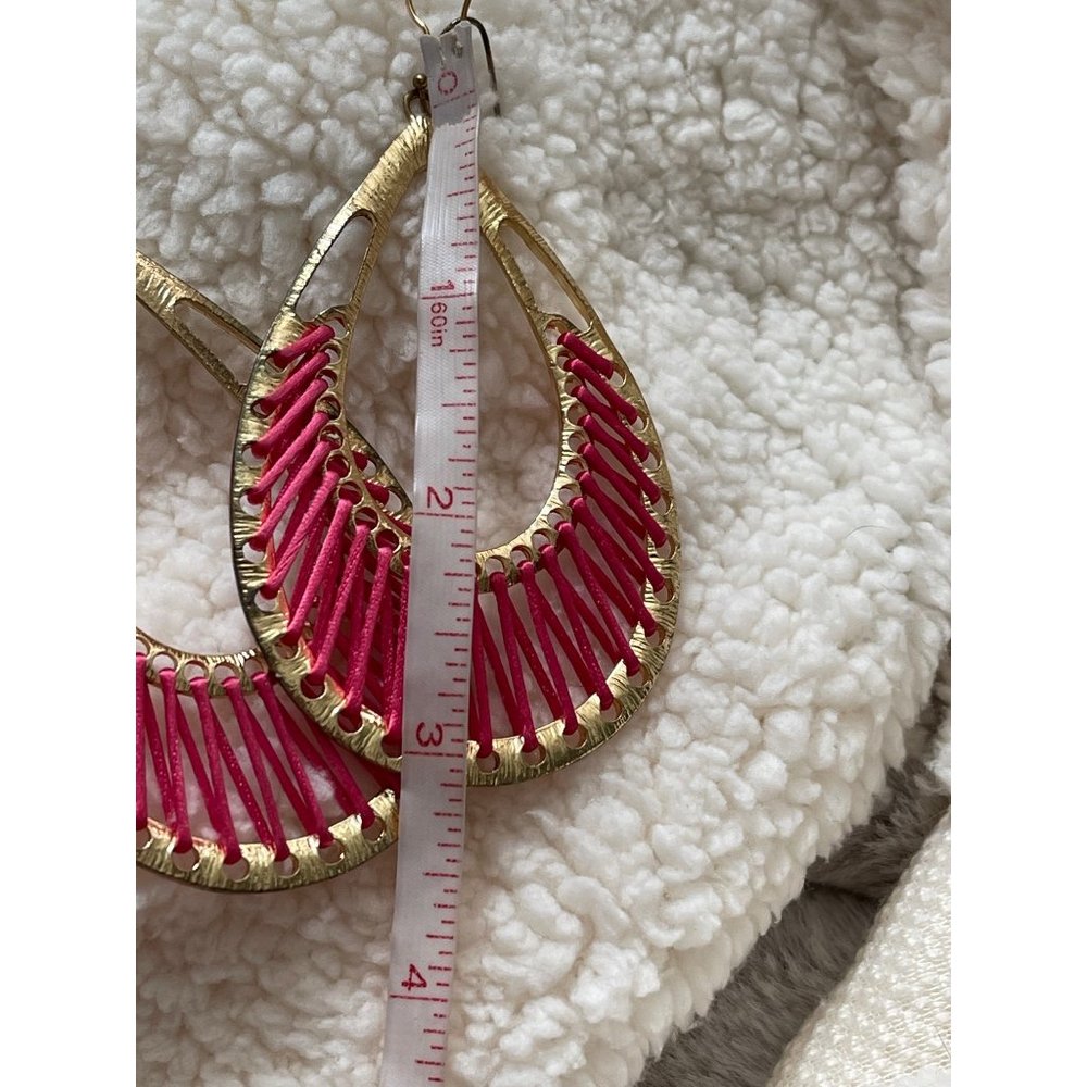 Big Gold Tone Pink Sting Designed Teardrop Statement Earrings - Picture 9 of 11